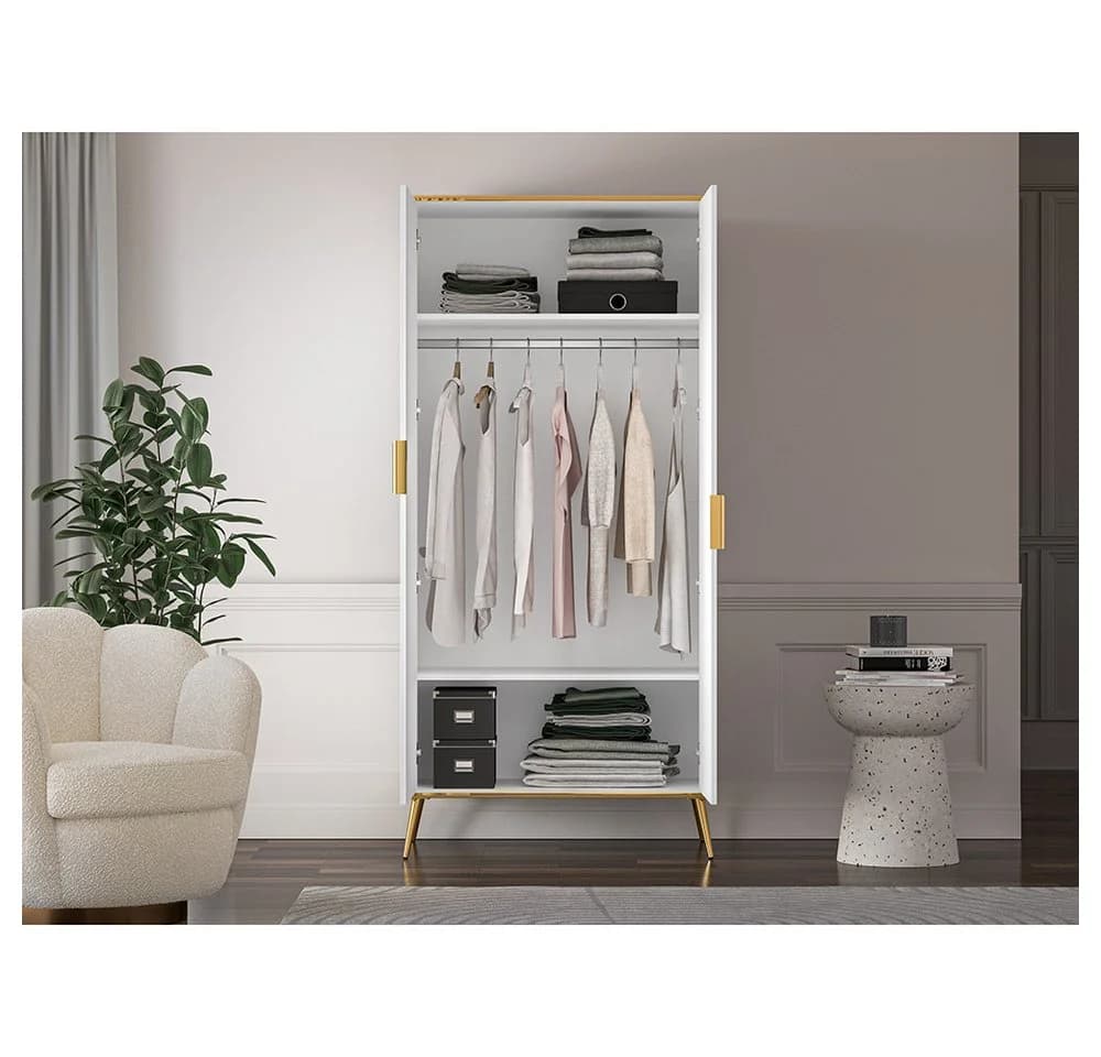 Lomadox Kleiderschrank VLORA-131 Weiß mit Goldfarbenen Griffen