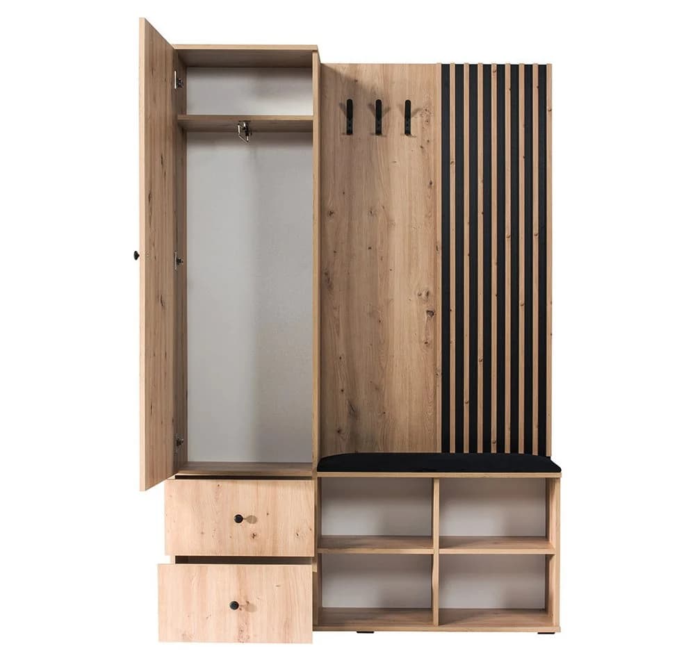 Lomadox Garderobe CALLAO-161 Eiche Nb. mit Schwarz Flurgarderobe Garderoben-Set inkl. Sitzkissen - Bild 1