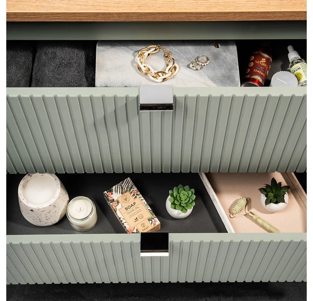 Lomadox Badmöbel-Set NEWPORT-56-GREEN, 140cm Waschtisch mit Waschbecken, Schilfgrün mit Eiche