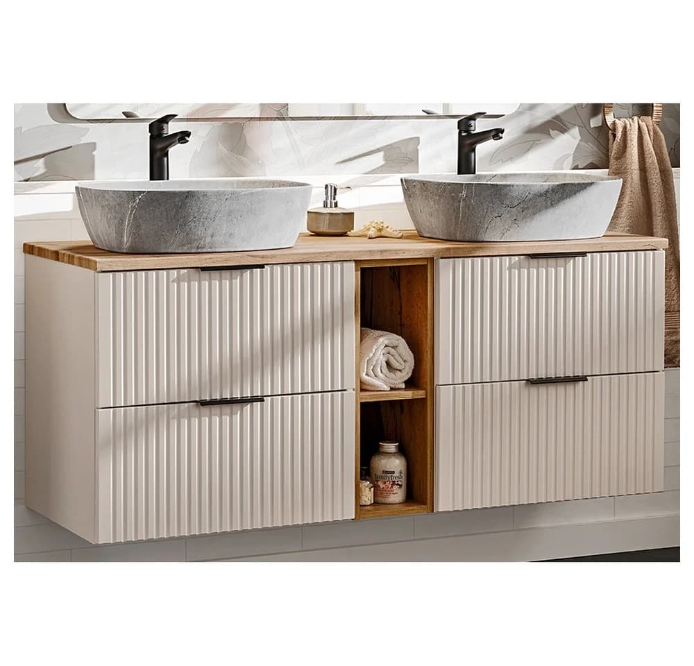 Lomadox Doppelwaschtisch ADELAIDE-56-CASHMERE 140cm mit Keramik-Waschbecken Kaschmir und Eiche mit gerillter Front - Bild 2