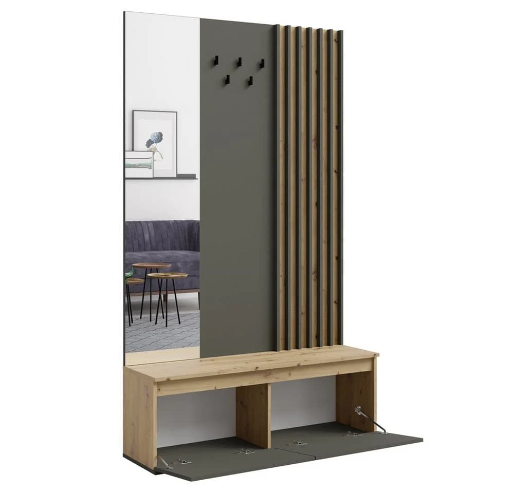 Lomadox Garderobe DAVIS-166 mit Bank, Spiegel und 5 Haken Eiche Graphit
