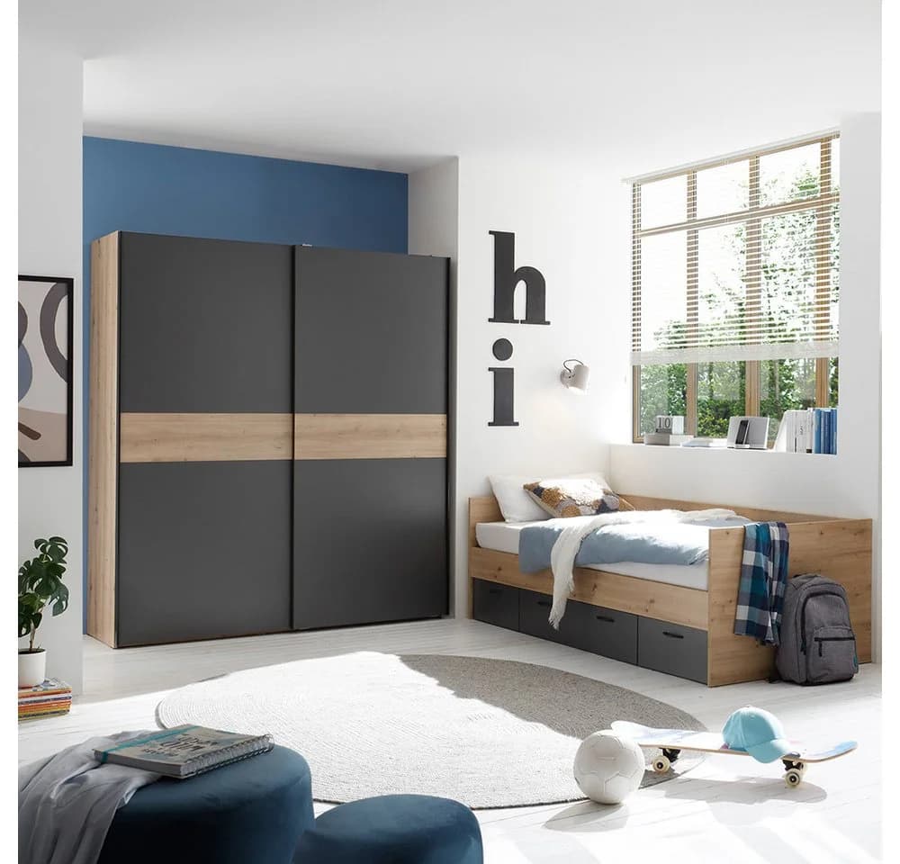 Lomadox Jugendbett LESINA-78 Kojenbett Eiche Graphit 3 Schubladen - Bild 5