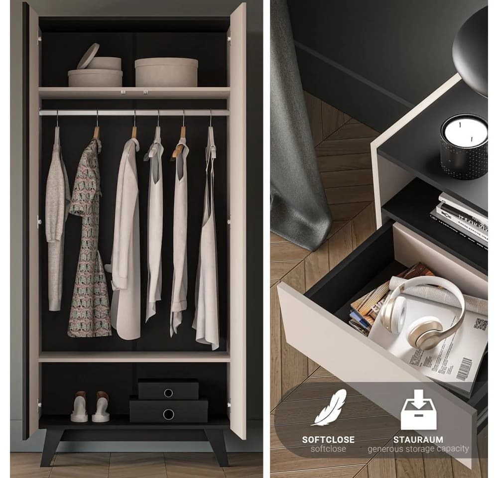 Lomadox Schlafzimmer-Set FRIONA-131 Kleiderschrank & Nachtkommode Schwarz