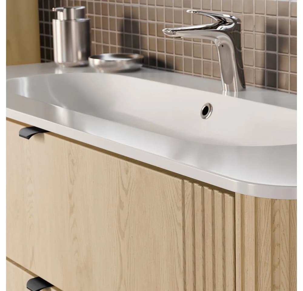 Lomadox Badmöbel-Set OLIVA-56 3-teilig Waschtisch Hochschrank Eiche Rillen Keramik Waschbecken Metallgriffe LED Beleuchtung