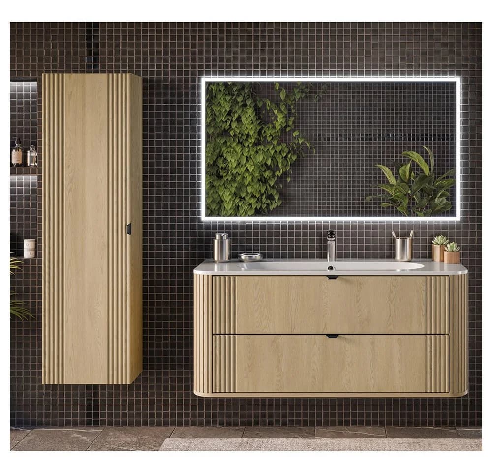 Lomadox Badmöbel-Set OLIVA-56 3-teilig Waschtisch Hochschrank Eiche Rillen Keramik Waschbecken Metallgriffe LED Beleuchtung - Bild 2