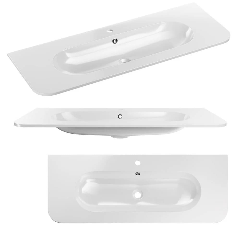 Lomadox Badmöbel-Set OLIVA-56 3-teilig Waschtisch Hochschrank Eiche Rillen Keramik Waschbecken Metallgriffe LED Beleuchtung - Bild 5