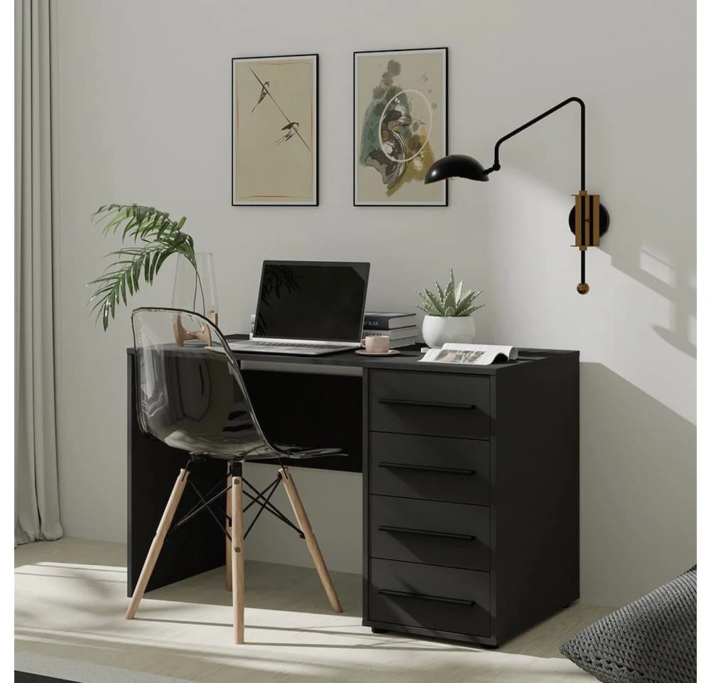 Lomadox Schreibtisch 120 cm breit Schwarz Matt 4 Schubladen