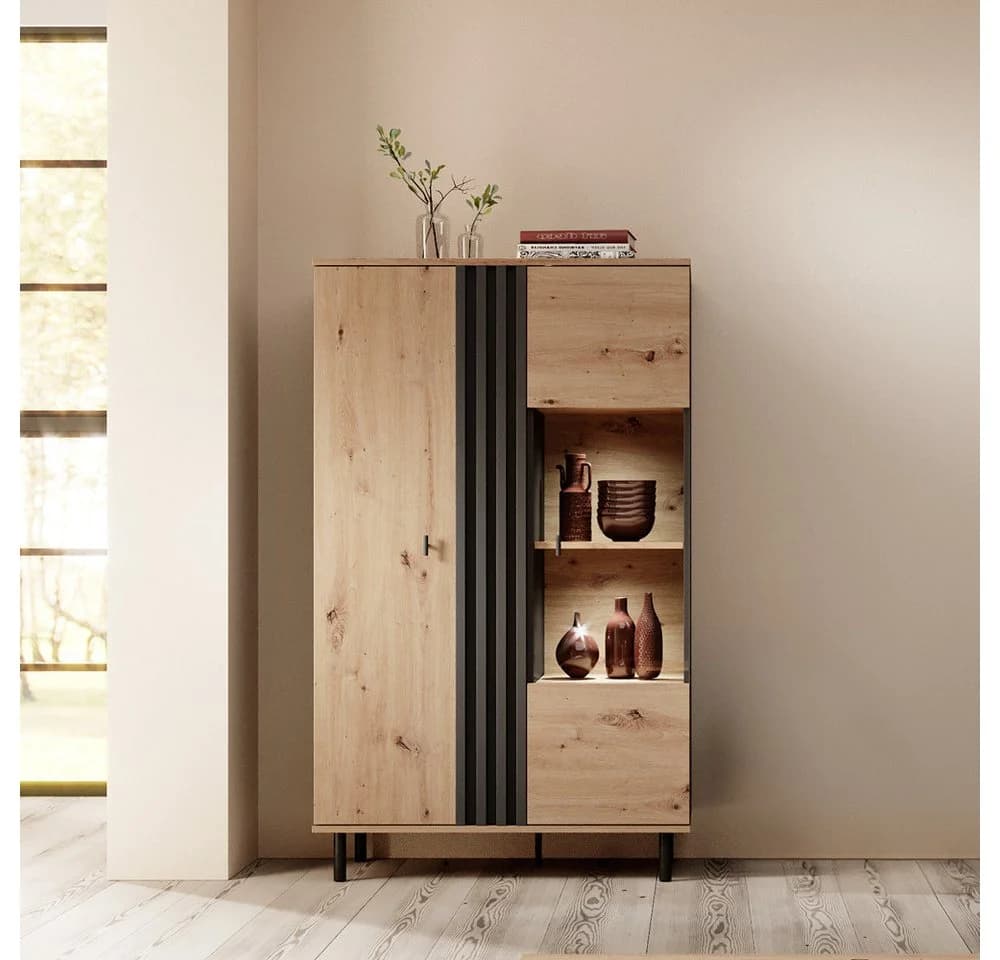 Lomadox Highboard MATTAWA-167 Vitrine 90 cm Eiche Dekor LED Beleuchtung - Bild 2