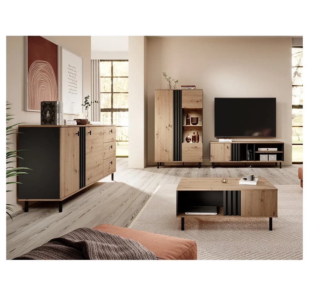 Lomadox Lowboard MATTAWA-167 Fernsehschrank Eiche Dekor Schwarz - Bild 5