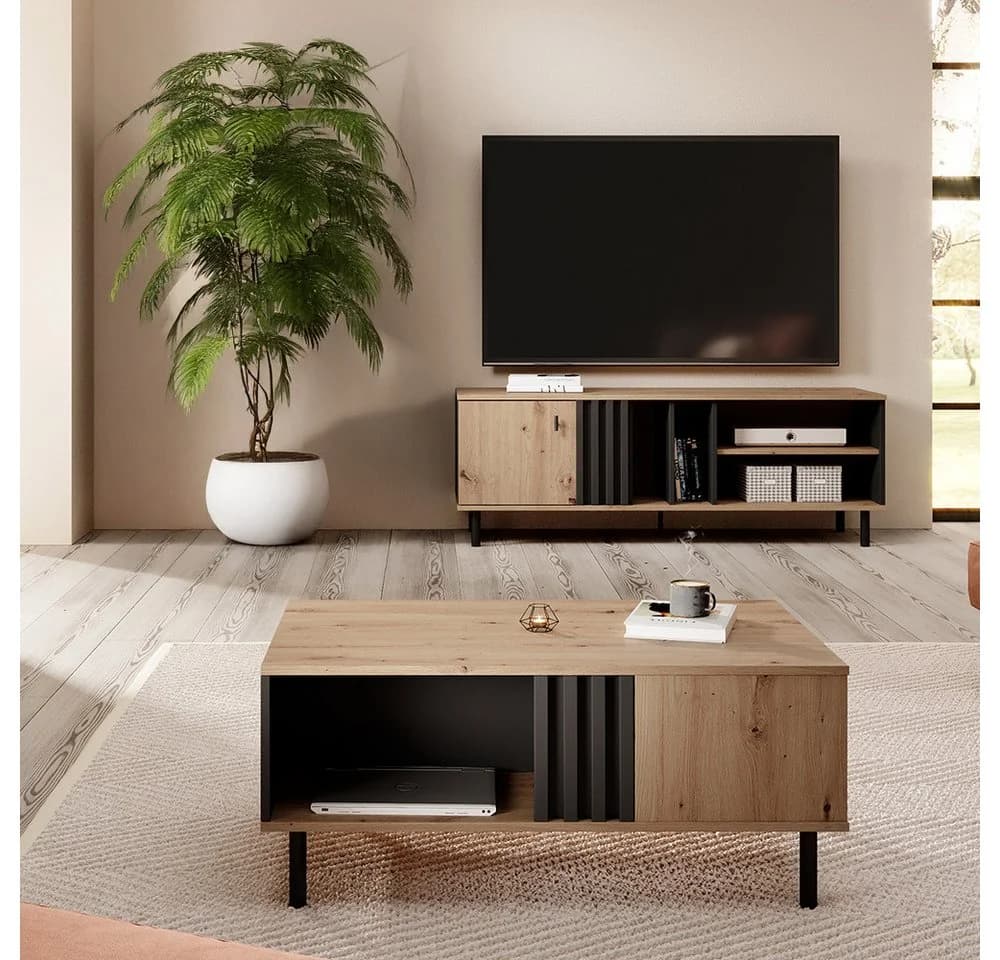 MATTAWA-167 Wohnzimmer-Set Eiche Anthrazit mit Beleuchtung - Bild 2
