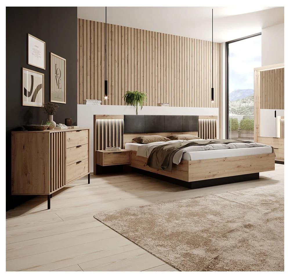 Lomadox Nachtschrank TALCA-167 Eiche Dekor Anthrazit LED Lamellen - Bild 5