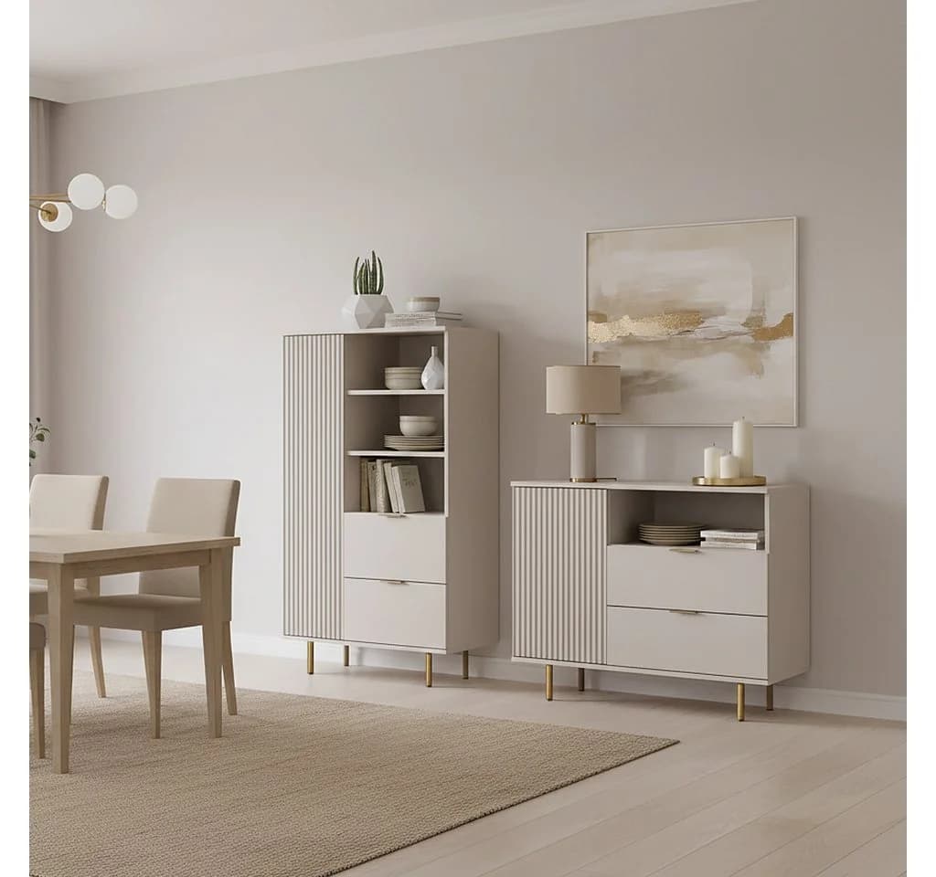 Lomadox Wohnzimmer-Set NADOR-132 Kaschmir mit goldfarbenen Metallgriffen und -füßen, Front Rillenoptik - Bild 2