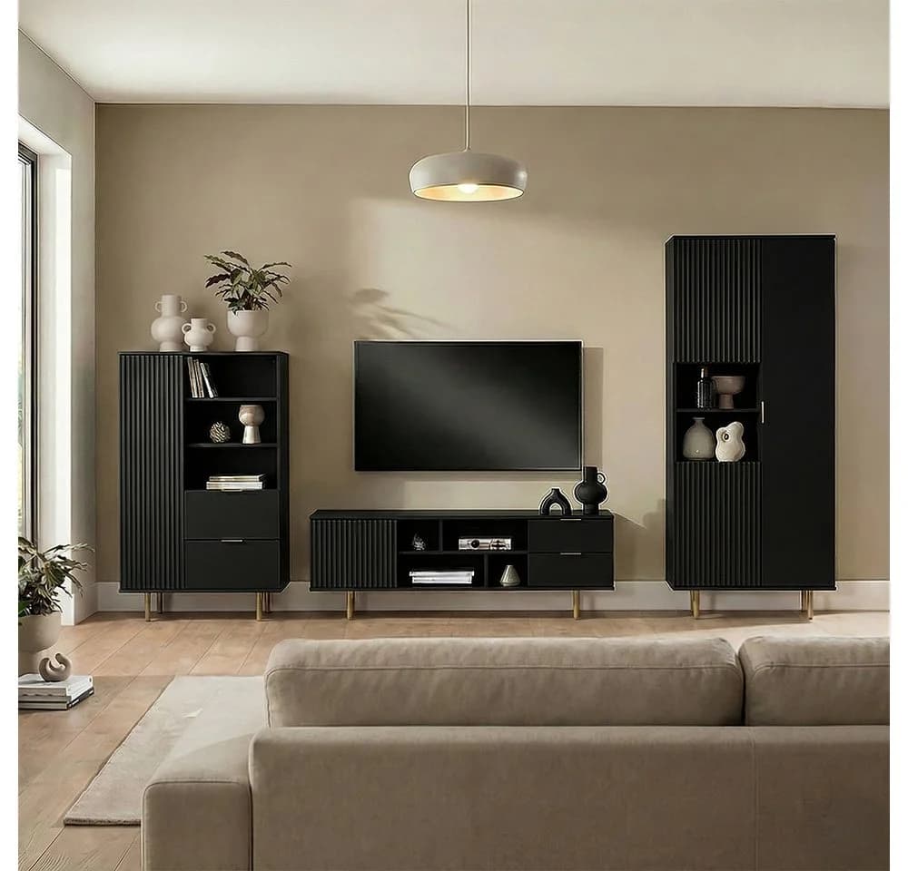 Lomadox Wohnzimmer-Set NADOR-132 3-teilig matt schwarz gold - Bild 2