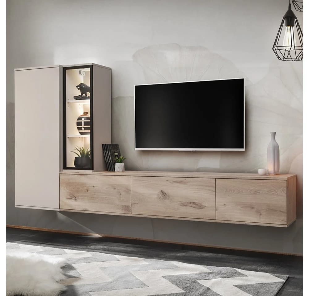 Lomadox Wohnwand CLINTON-164 Kaschmir Beige Eiche Push-to-open LED