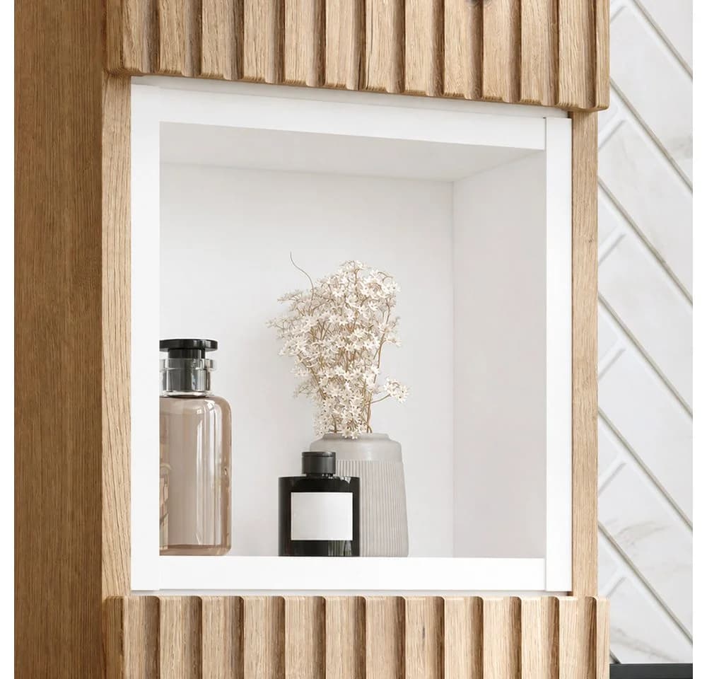 Lomadox Hochschrank NEWPORT-56-EVOKE Badschrank Eiche Rillen Weiß Softclose