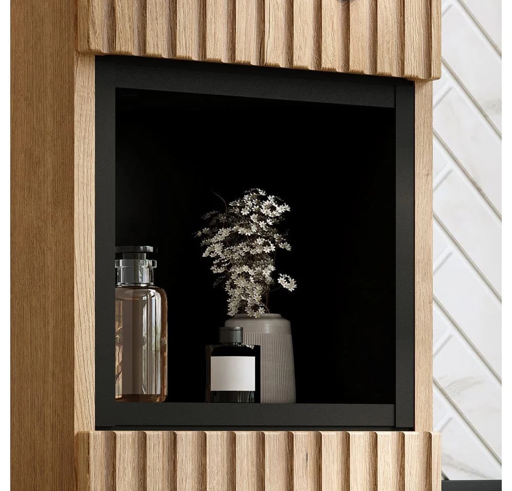 Lomadox Hochschrank NEWPORT-56-EVOKE Badschrank Eiche Rillen Schwarz Softclose