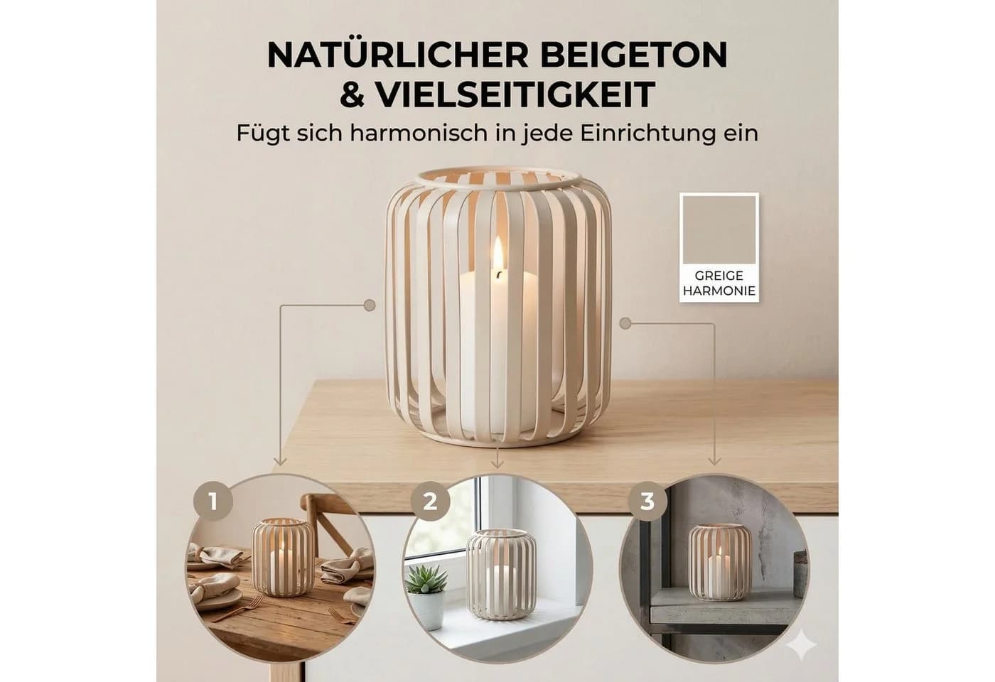 BOLTZE Windlicht VIKI Beige Metall Rundes Design - Bild 2