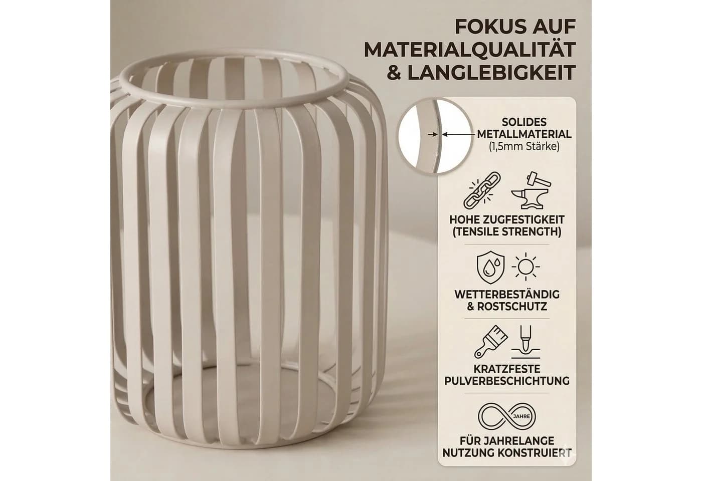 BOLTZE Windlicht VIKI Beige Metall Rundes Design - Bild 5