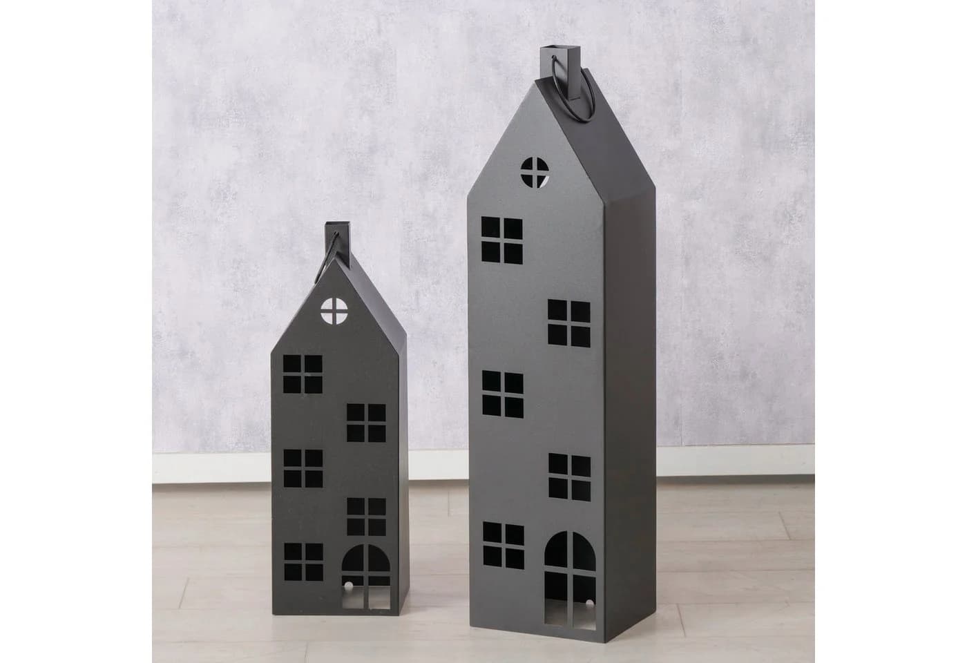 BOLTZE Kerzenlaterne Alba Haus 2er Set Schwarz Metall