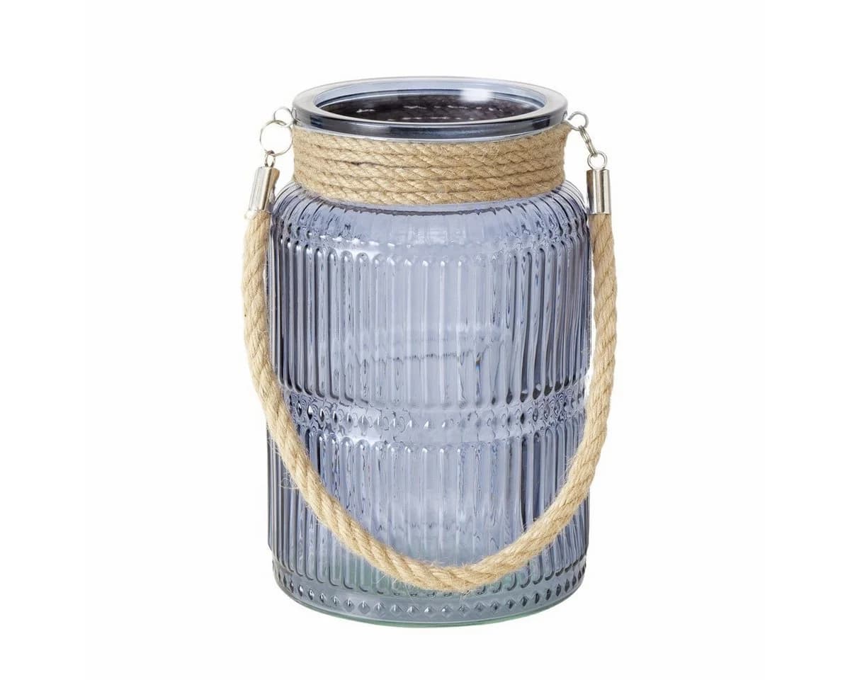 BOLTZE Windlicht Sunio graublau Glas Jute