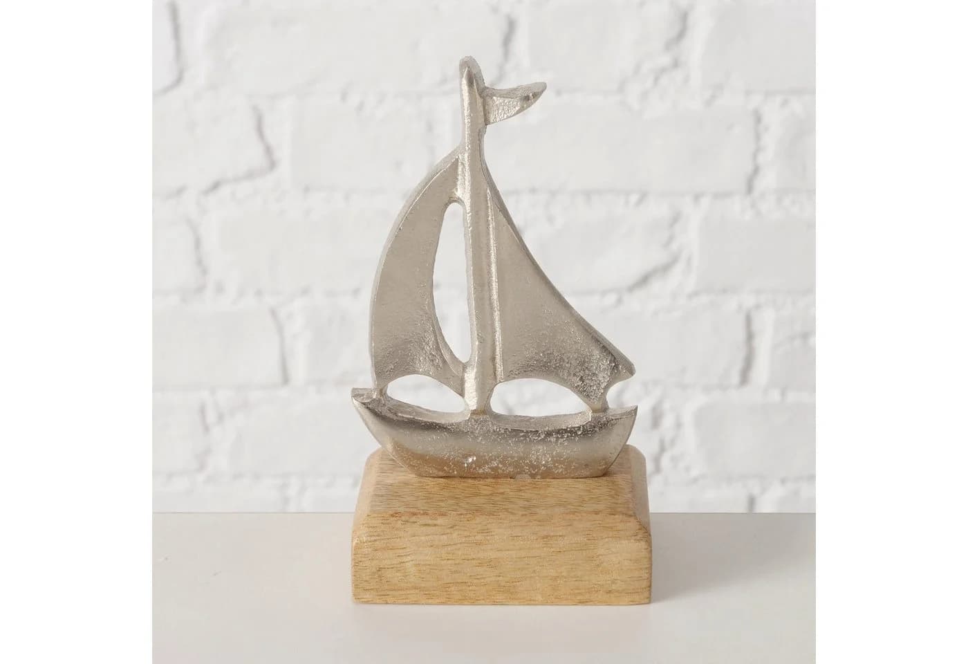 Boltze Dekoaufsteller Boot Shippy Aluminium Mangoholz Maritim Silber