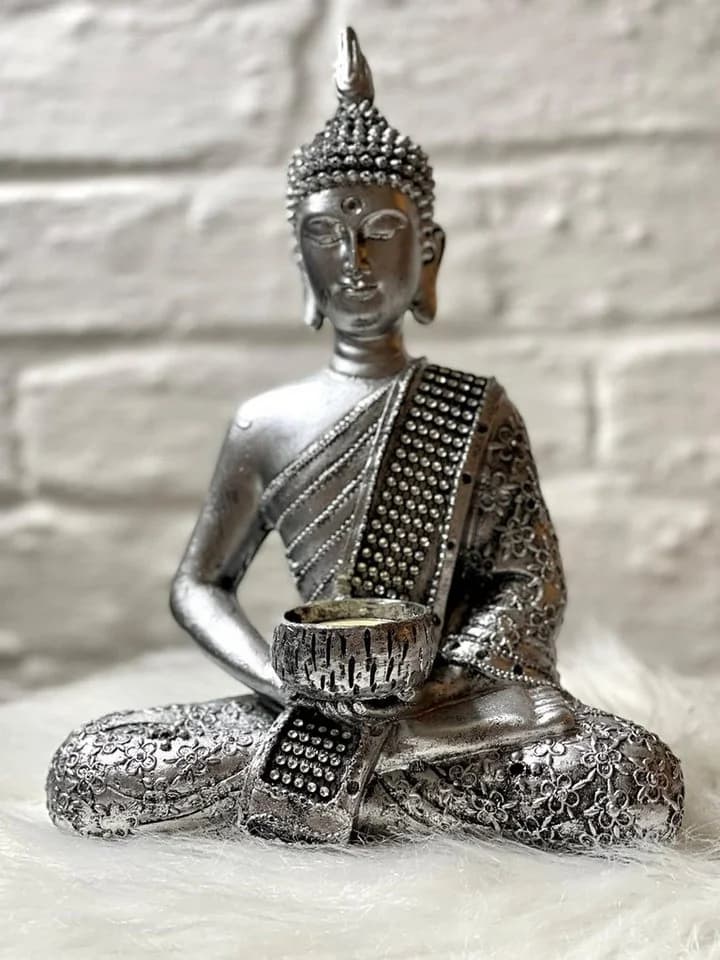 MF Buddhafigur Silber mit Teelichthalter und Glitzer-Verzierung - Bild 3