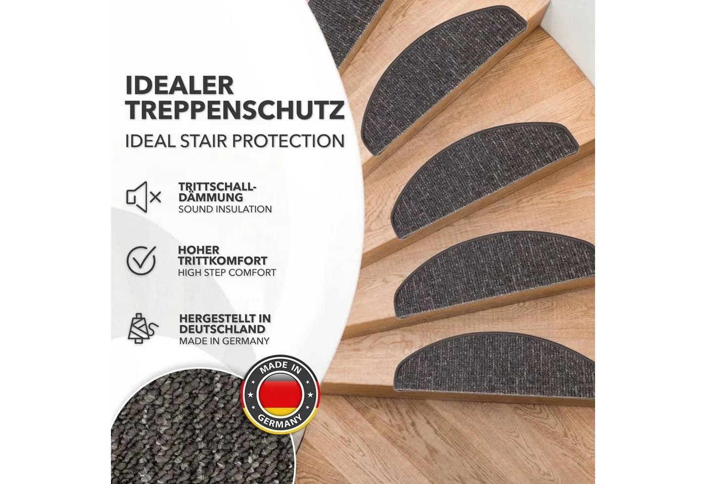 Karat Stufenmatte Alto – strapazierfähiges Treppenschutz-Set mit Klebestreifen & Winkel, Halbrund, rutschfest mit Ausfransschutz, Made in Germany, Anthrazit