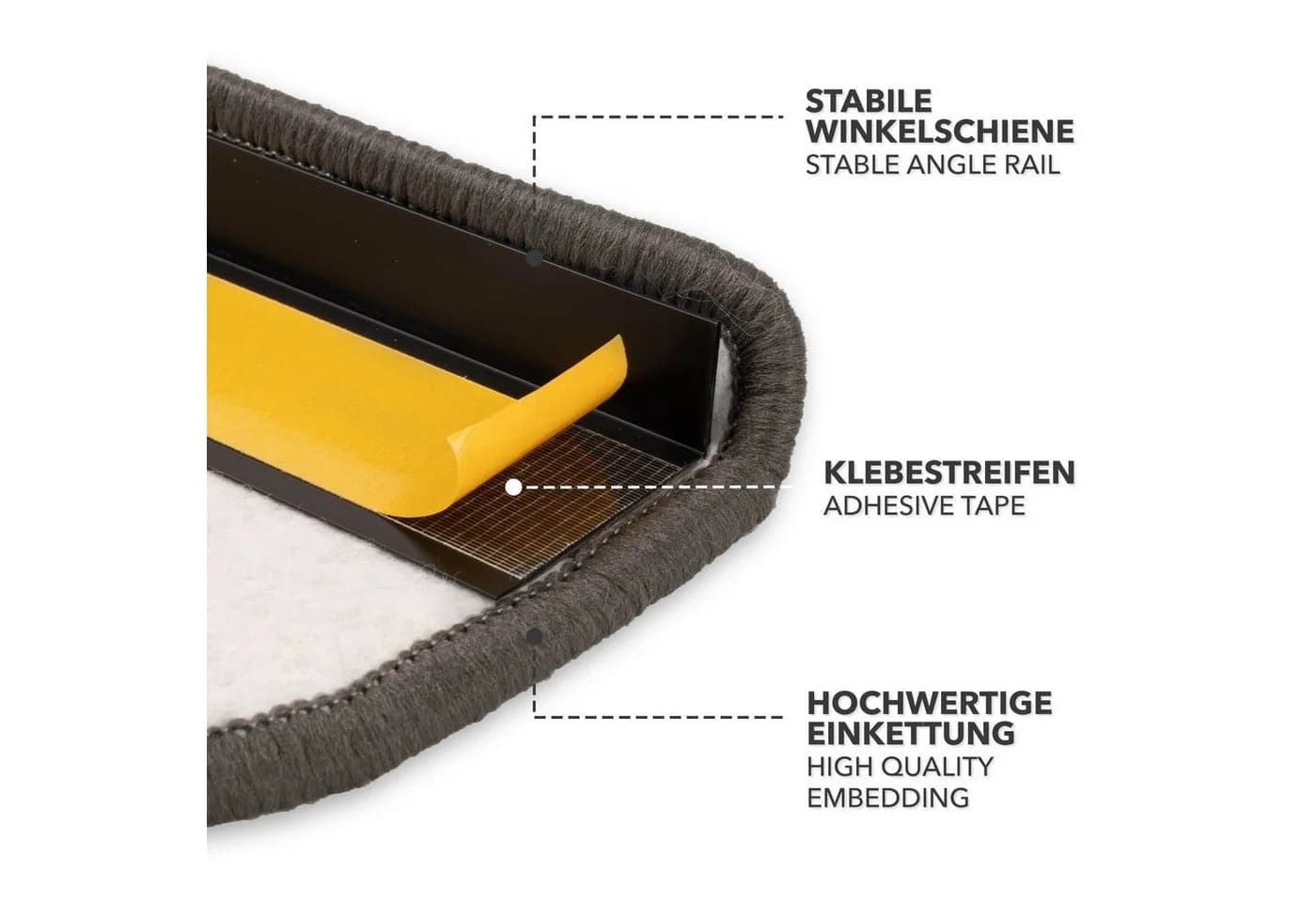 Karat Stufenmatte Alto – strapazierfähiges Treppenschutz-Set, mit Klebestreifen & Winkel, Halbrund, rutschfest mit Ausfransschutz, Made in Germany, Anthrazit - Bild 4