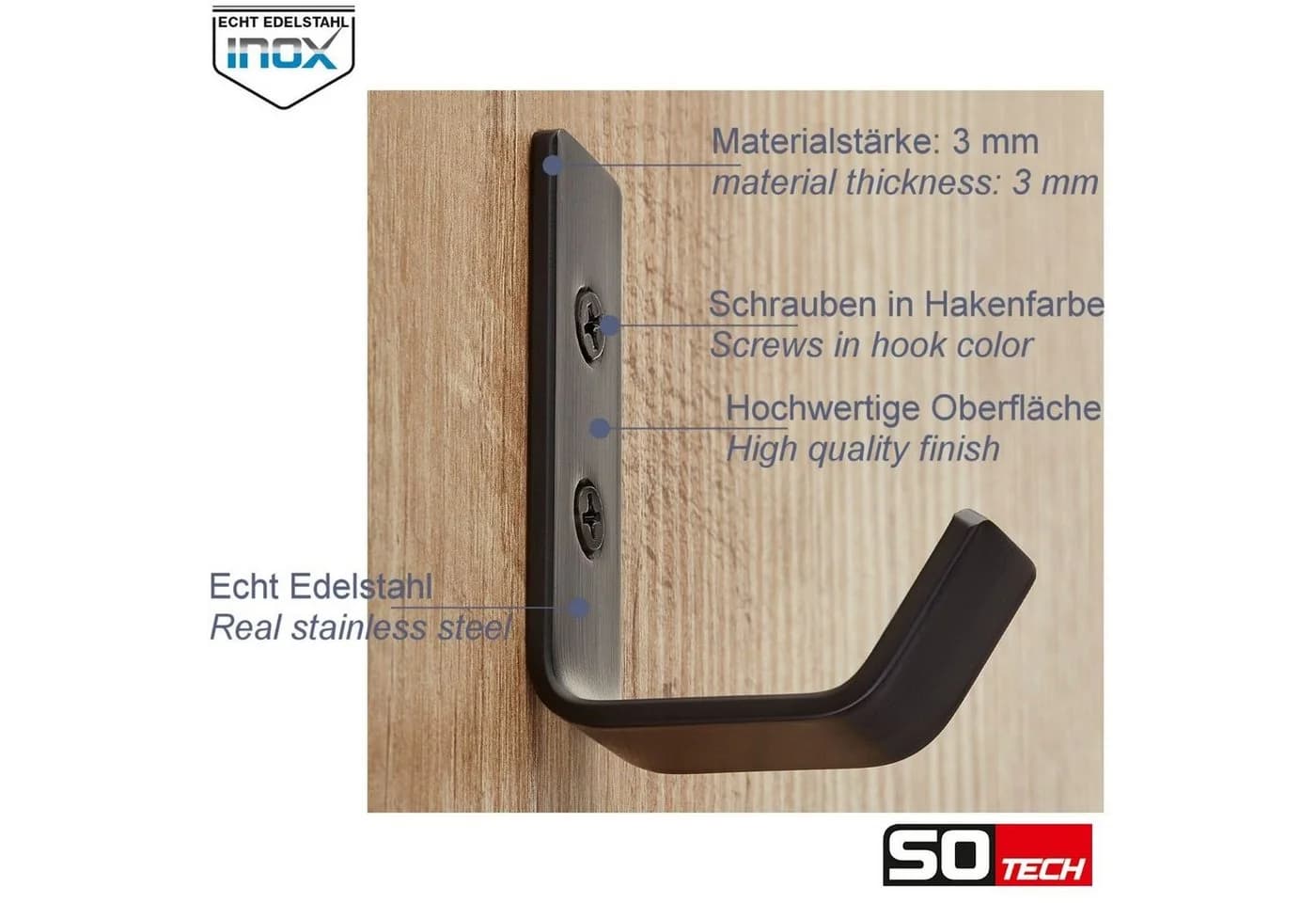 SO-TECH Kleiderhaken Edelstahl Wandhaken groß schwarz - Bild 3