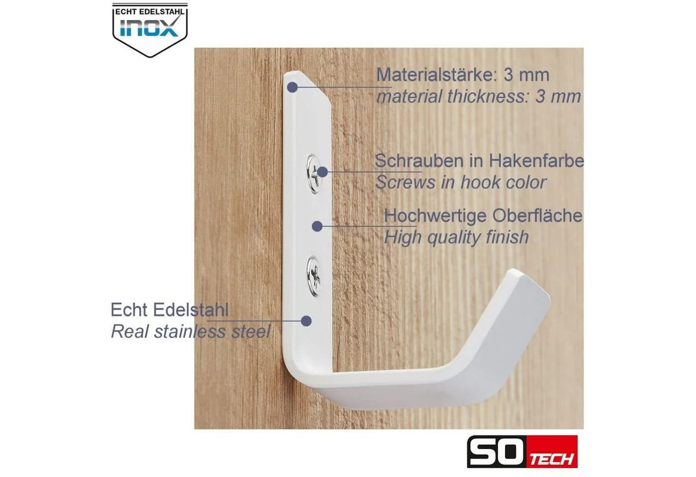 SO-TECH® Kleiderhaken Wandhaken Edelstahl 142 x 20 x 45 mm Weiß - Bild 4