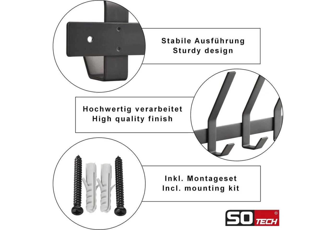 SO-TECH® Garderobenleiste ALBA Schwarz mit 4 Haken - Bild 3