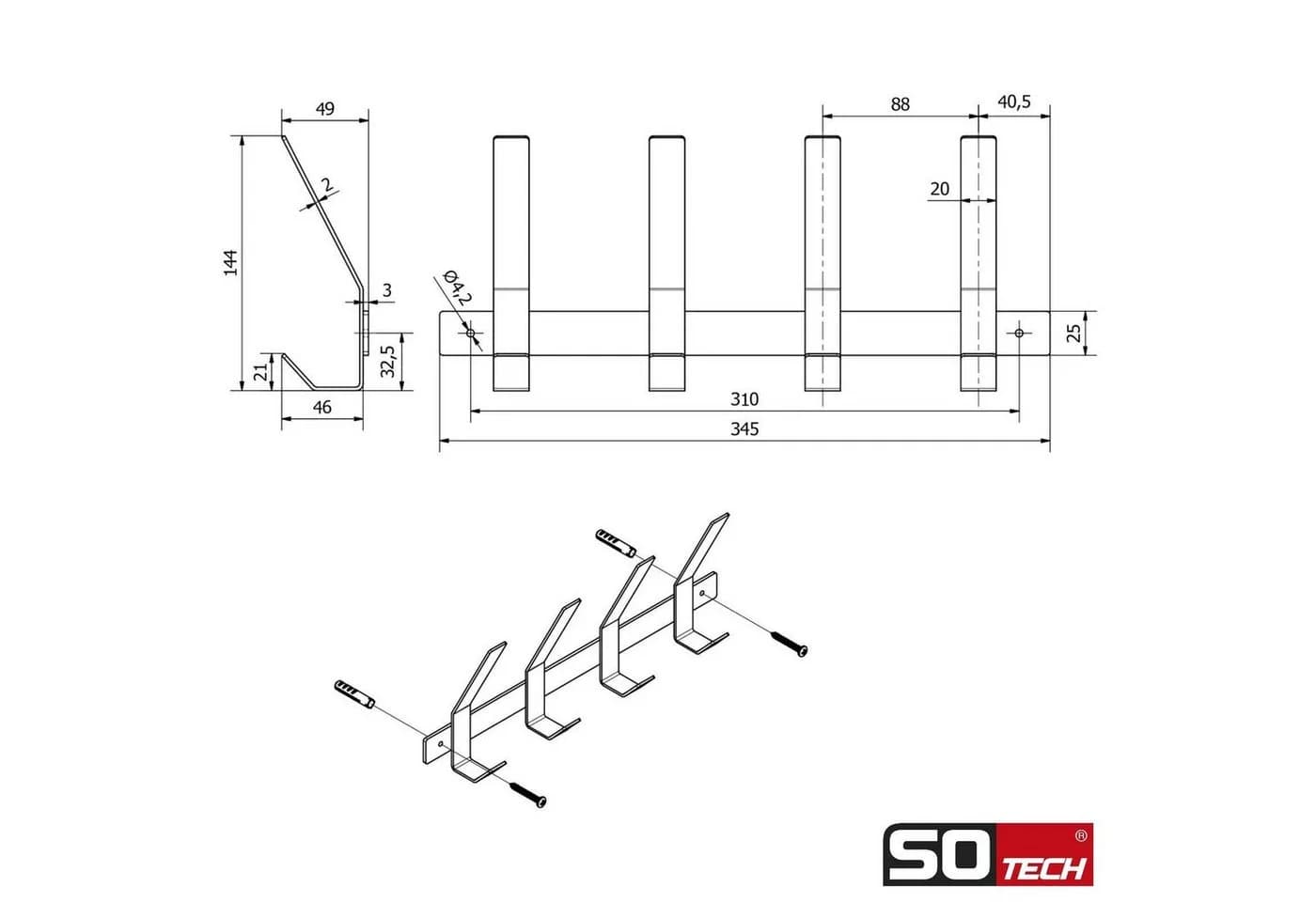 SO-TECH® Garderobenleiste ALBA Schwarz mit 4 Haken - Bild 5