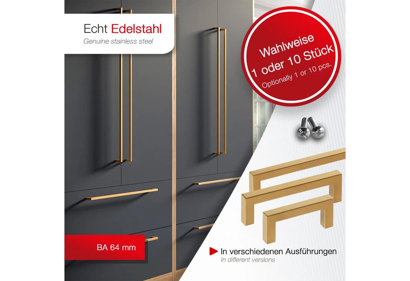 SO-TECH® Möbelgriff Stangengriff E8 Edelstahl Goldfarbig 64mm