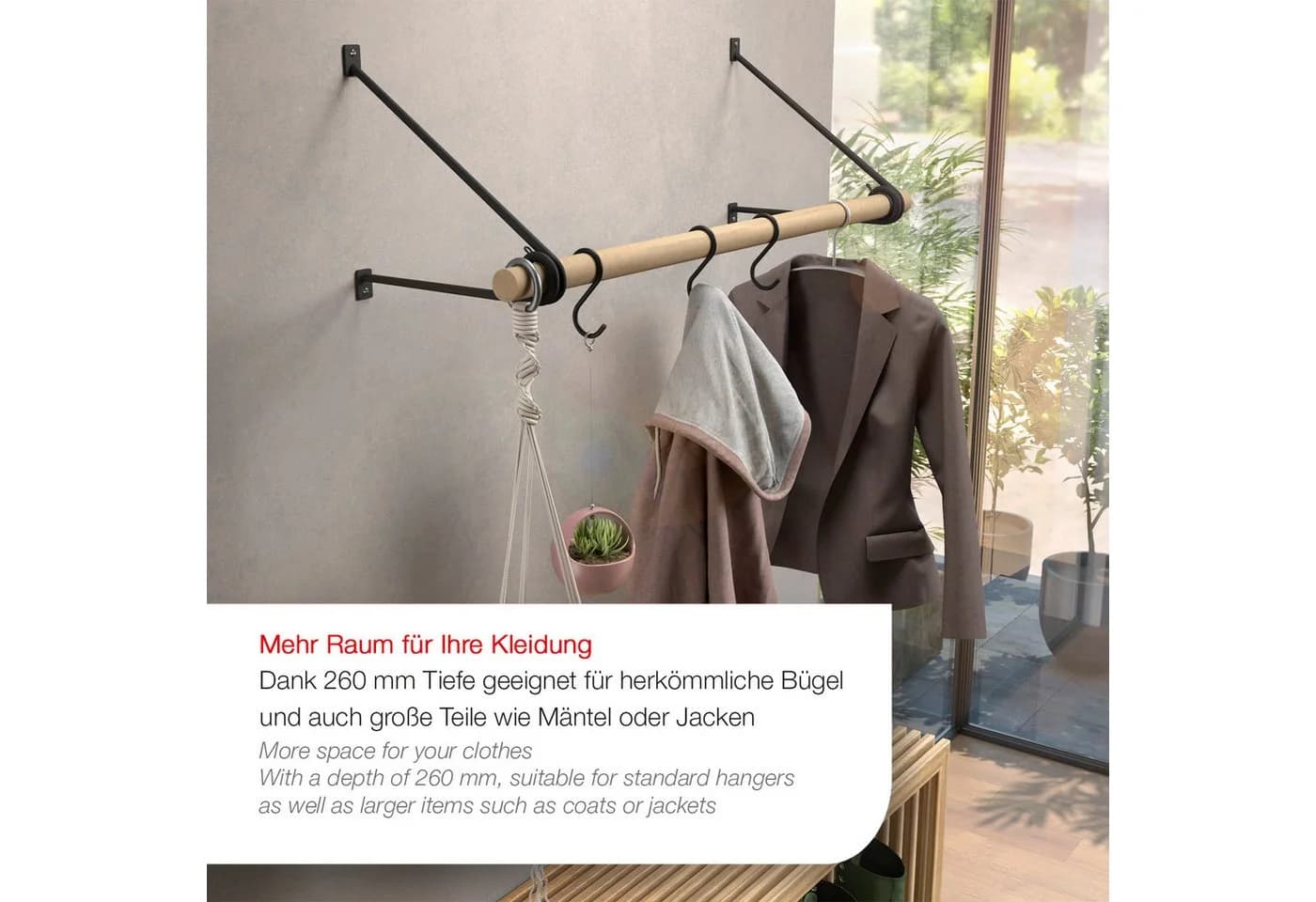 SO-TECH® Wandgarderobe 260 x 250 mm mit 30 mm Kleiderstange aus Eiche - Bild 4