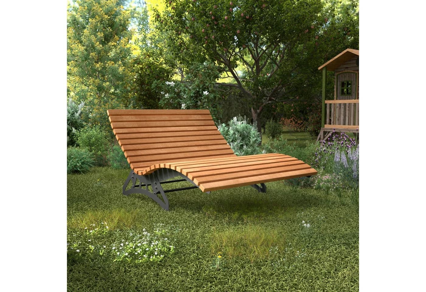 SO-TECH Gartenliege Wellenliege Schwarz Stahl Thermokiefer