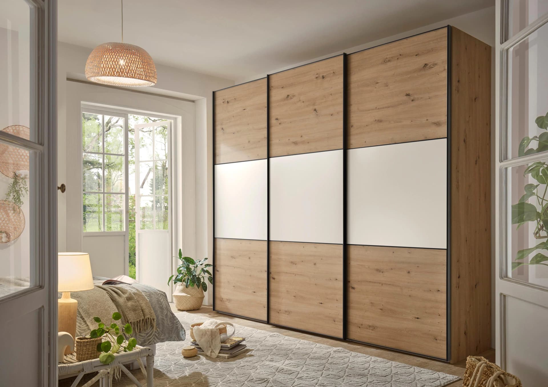 Schwebetürenschrank STAUD Includo Weiß Artisan Eiche