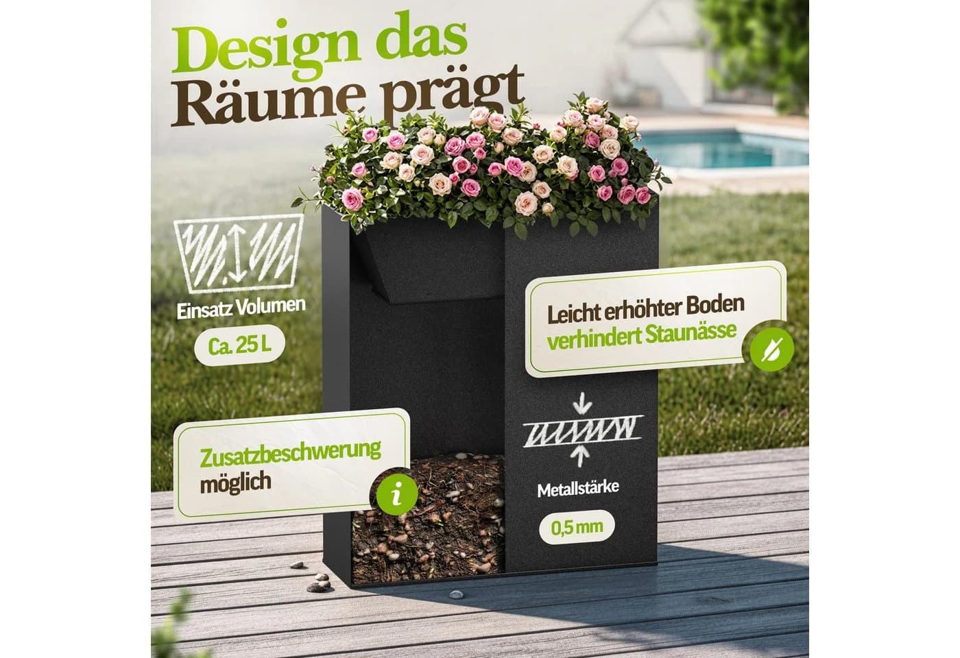 VIVANNO Pflanzkübel Raumteiler Elemento Schwarz - Pulverbeschichtetes Stahlblech - Bild 5