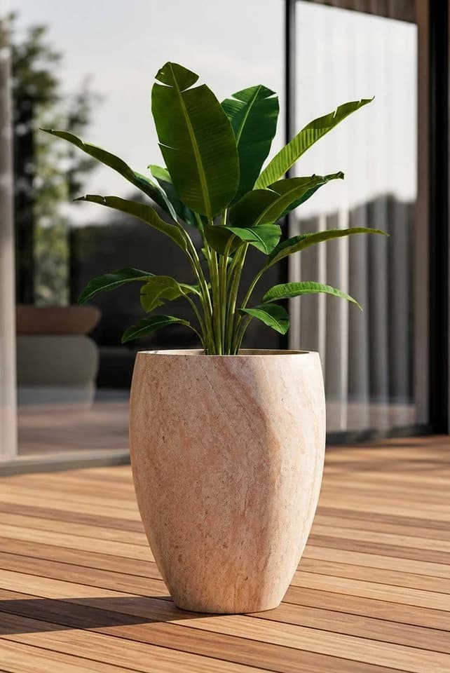VIVANNO Pflanzkübel OVOLO Rund Travertin Steinoptik Beige Fiberglas