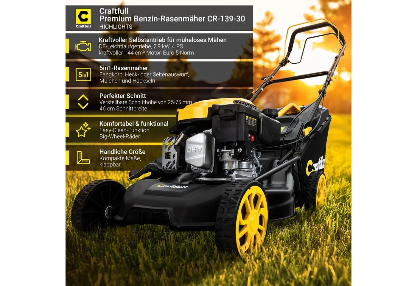 Craftfull Benzinrasenmäher CR-139-30 4 PS 46 cm Schnittbreite Schwarz/Gelb