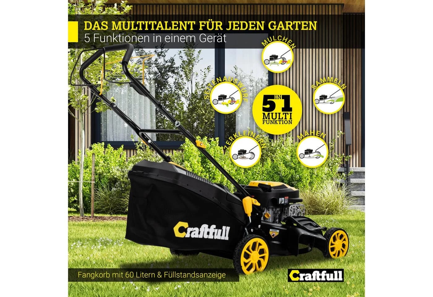 Craftfull Benzinrasenmäher CR-139-30 4 PS 46 cm Schnittbreite Schwarz/Gelb - Bild 5