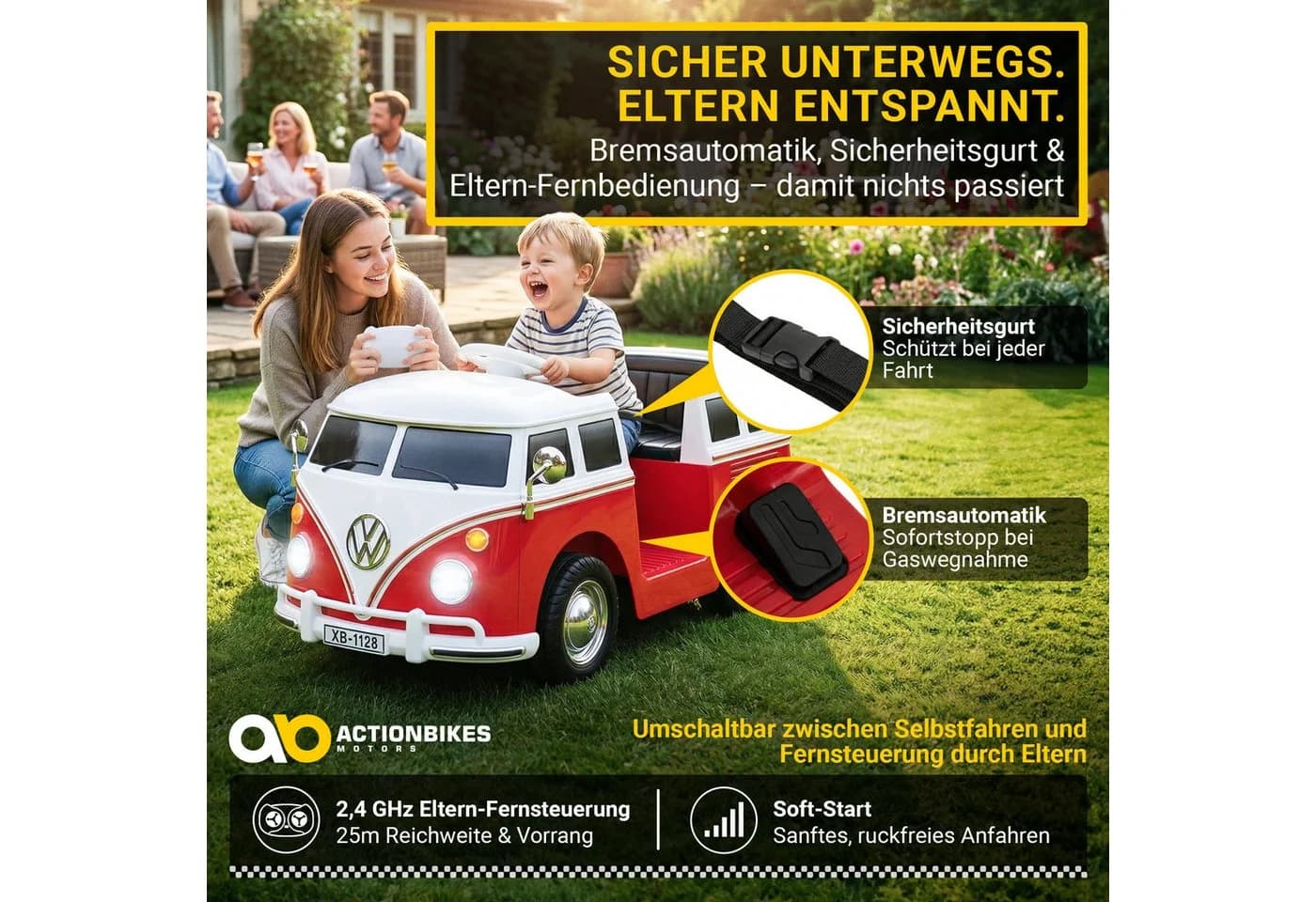 Actionbikes Motors Elektro-Kinderauto VW T1 Camper Bus Fernbedienung & Bremsautomatik 3-5 km/h