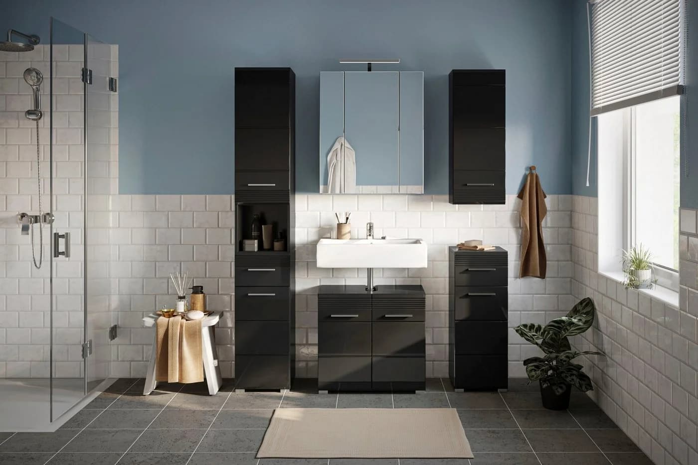 HOME AFFAIRE Badmöbel-Set Malmö 5-teilig Schwarz mit LED