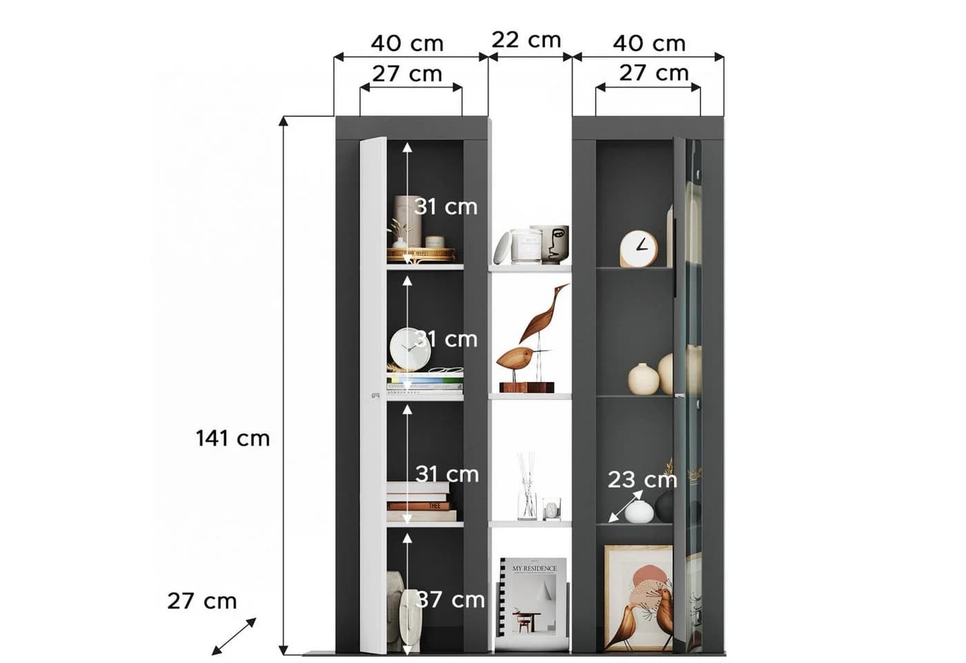 xonox.home Stauraumvitrine Aufsatzvitrinen Anthrazit-Grau Weiß - Bild 4