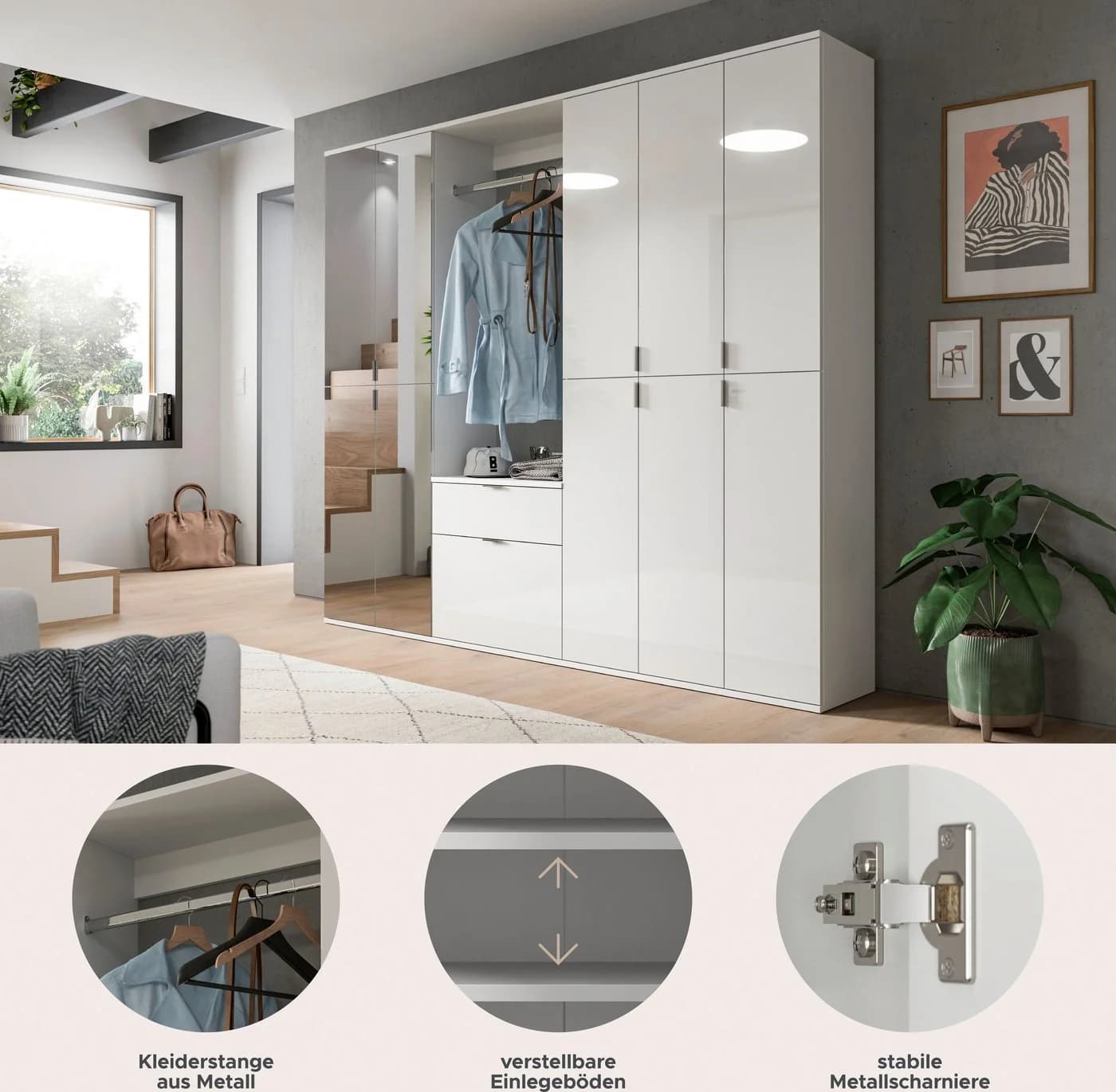 HOME AFFAIRE Garderoben-Set Trondheim 6-teilig Weiß Hochglanz Spiegelglas - Bild 4
