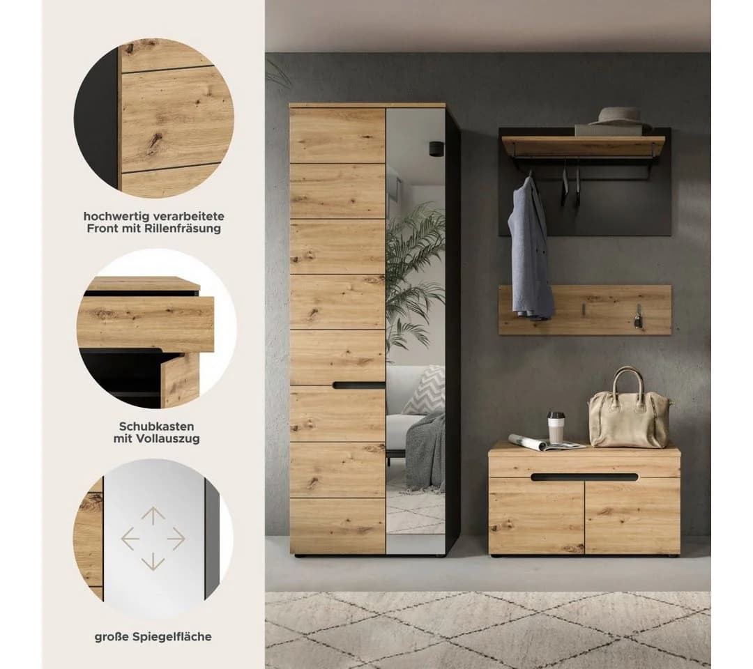 Garderobe Canu 3-teilig Eiche Dekor Grau