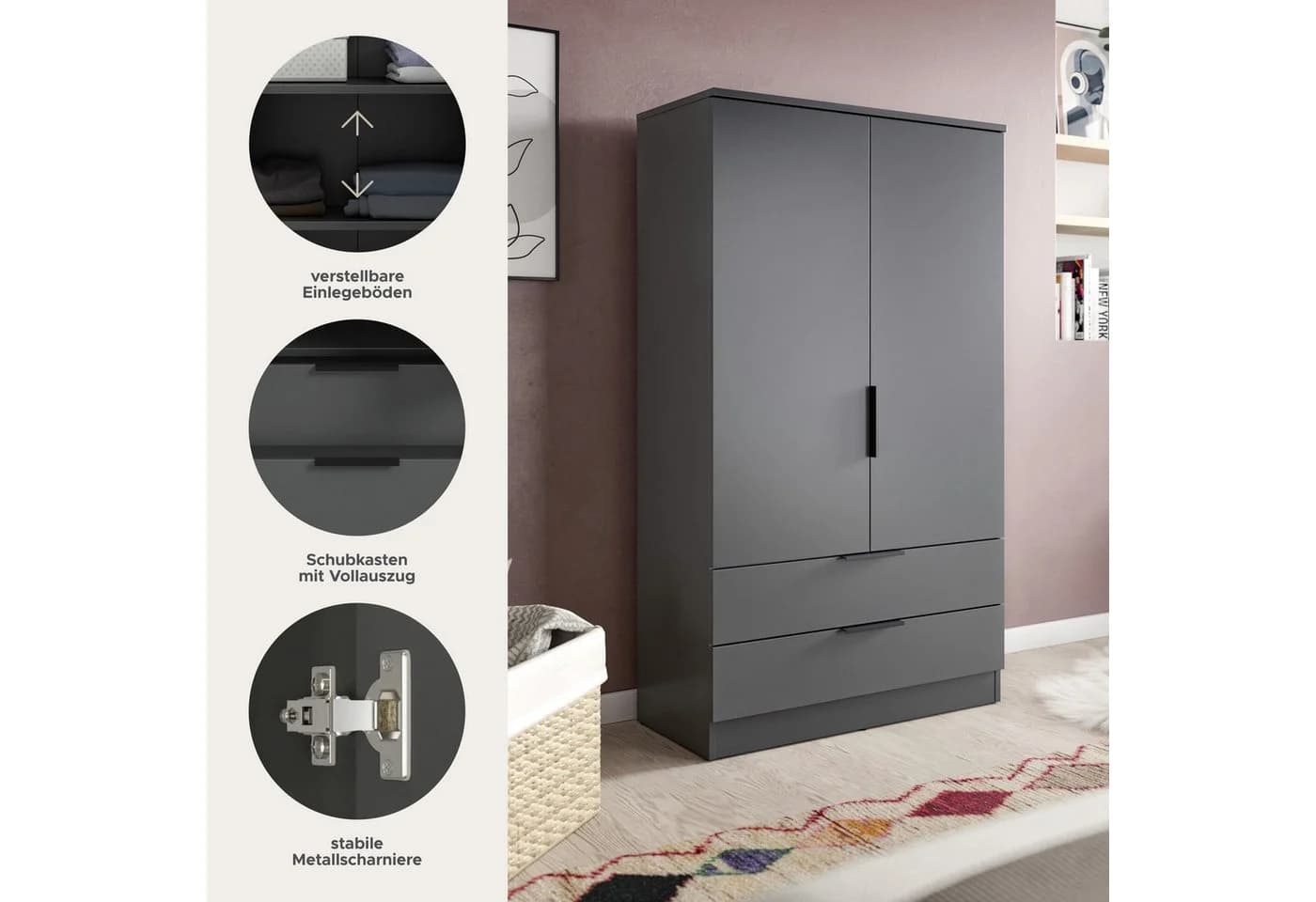 xonox.home Wäscheschrank anthrazit mit Schubladen und Kleiderstange - Bild 4