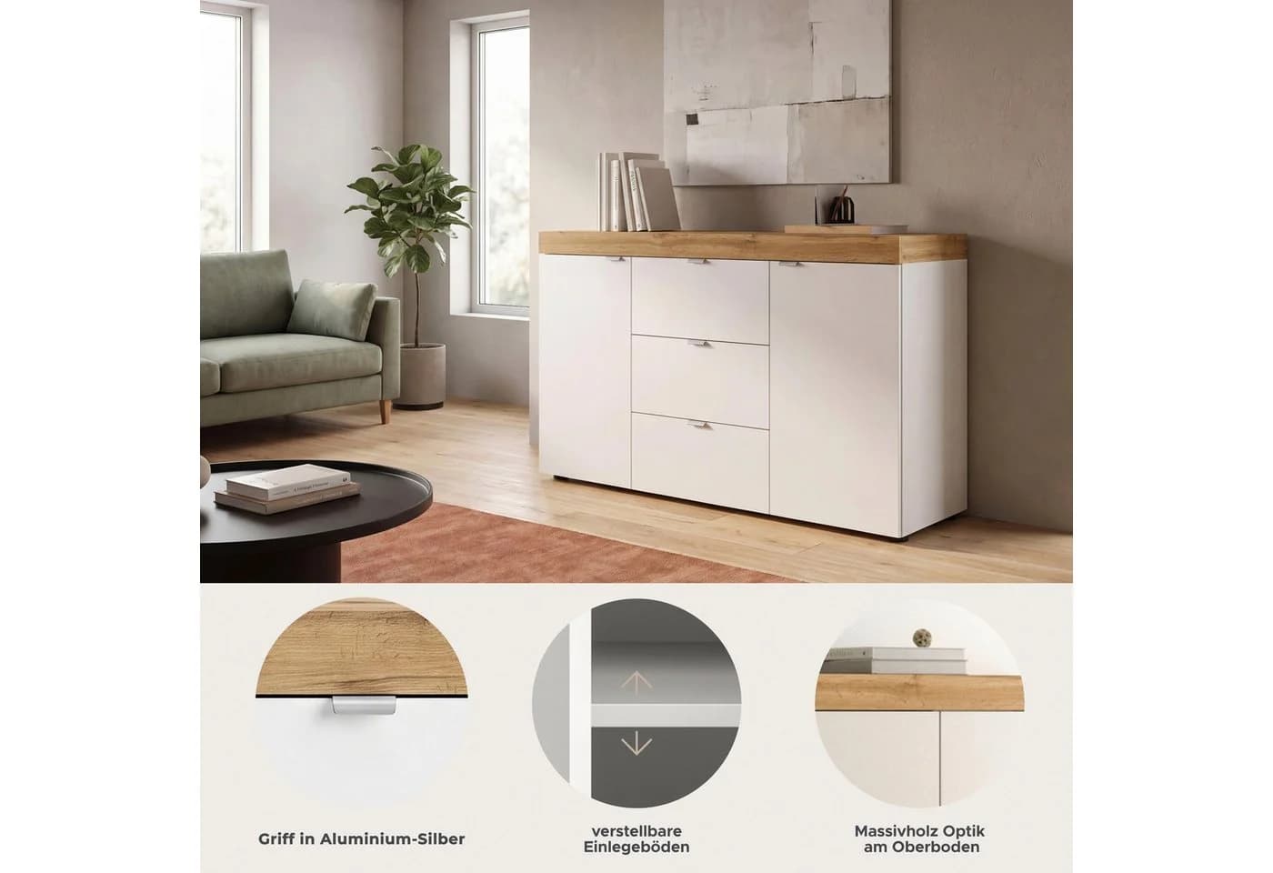 OTTO home Sideboard MAMBO II Weiß Melamin 2 Türen 3 Schubkästen - Bild 3