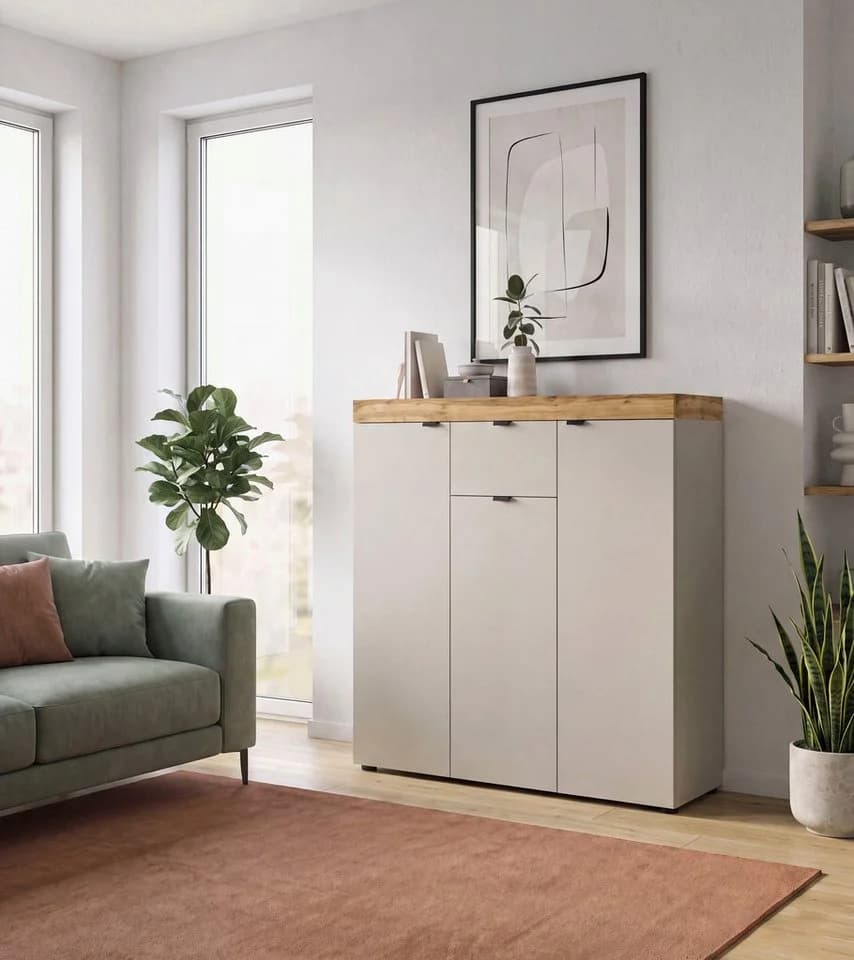 OTTO home Highboard MAMBO II Beige 105cm 3 Türen 1 Schubkasten 9 Fächer