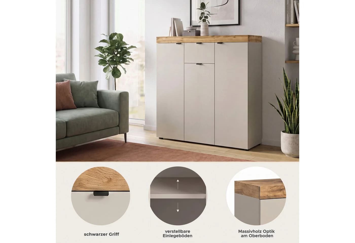 OTTO home Highboard MAMBO II Beige 105cm 3 Türen 1 Schubkasten 9 Fächer - Bild 3