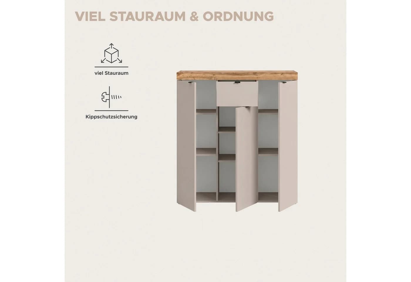 OTTO home Highboard MAMBO II Beige 105cm 3 Türen 1 Schubkasten 9 Fächer - Bild 4